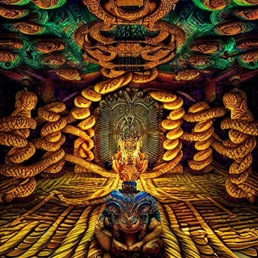 Image similar to Photorealistic inside a temple made of snakes. Hyperdetailed photorealism, 108 megapixels, amazing depth, glowing rich colors, powerful imagery, psychedelic Overtones