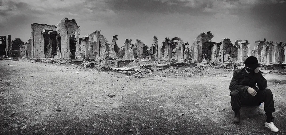 Image similar to “sad soldier, sitting alone, smoking a cigarette, looking at the ruins of his city from a hill”