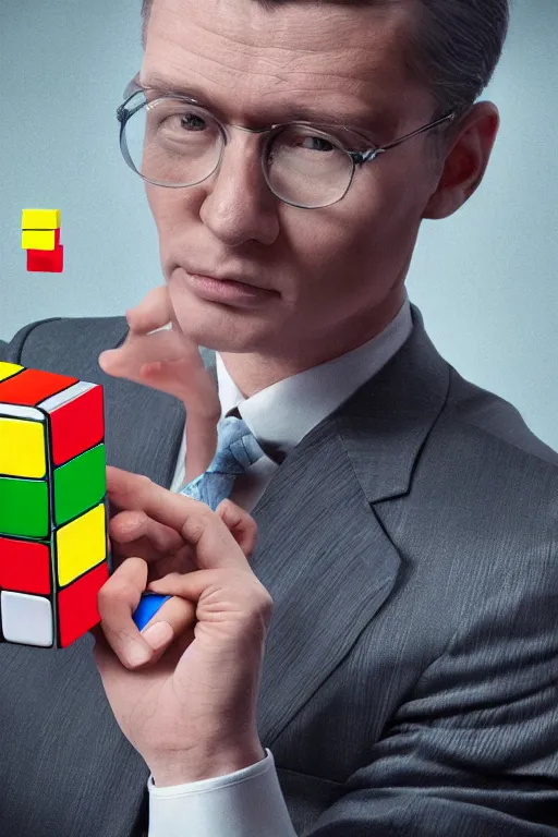 Image similar to a hyper - realistic hyper - detailed fine painting of a man wearing a suit and with a rubik's cube head, ultra - realistic detailed surrealism, magical realism, octane render