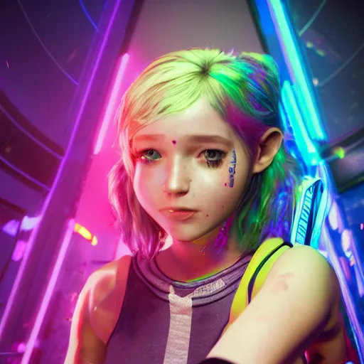 Prompt: 35mm macro shot portrait of an extremely cute and adorable Cyberpunk Prismatic Spectrum Cosmic Magical Girl Ellie (The Last of Us) from the Rainbow Sky Paradise playing Dance Dance Revolution at Eurovision and Tomorrowland, large piercing eyes, smirk, ambient occlusion, DAZ, cinematic lighting, 3D render, unreal engine 5, professional graflex photograph, flat vector art background