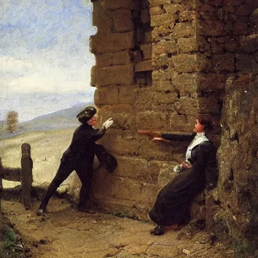 Prompt: young victorian man and woman solving a riddle carved into a stonewall in a dungeon, by alfred stevens