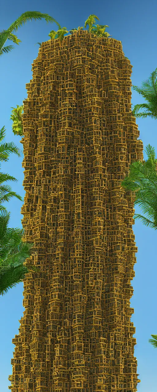 Prompt: eye level view of single tower, golden facade babylon tower, sacred ancient architecture, hanging gardens, cascading highrise, arid mountains with lush palm forest, sunlight, post - production, octane, cgi, sfx