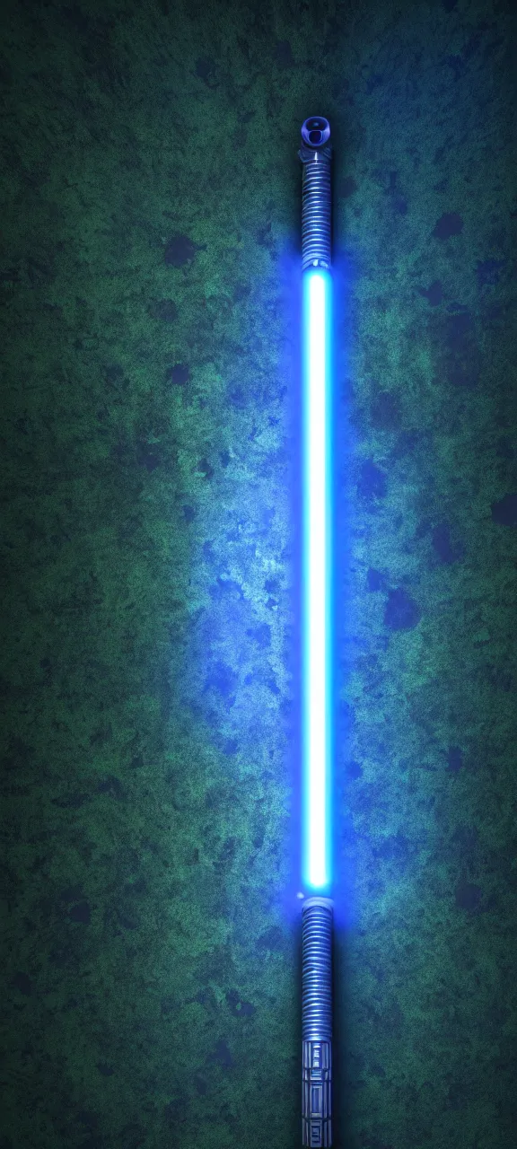 Image similar to detailed cinematic render, of a blue cyberpunk lightsaber lying vertically on a detailed forest floor, in a dark room, photo from above, octane render 8 k, digital art, lightsaber wallpaper 4 k, ray tracing, jedi fallen order lightsaber wallpaper 4 k, cal kestis lightsaber wallpaper