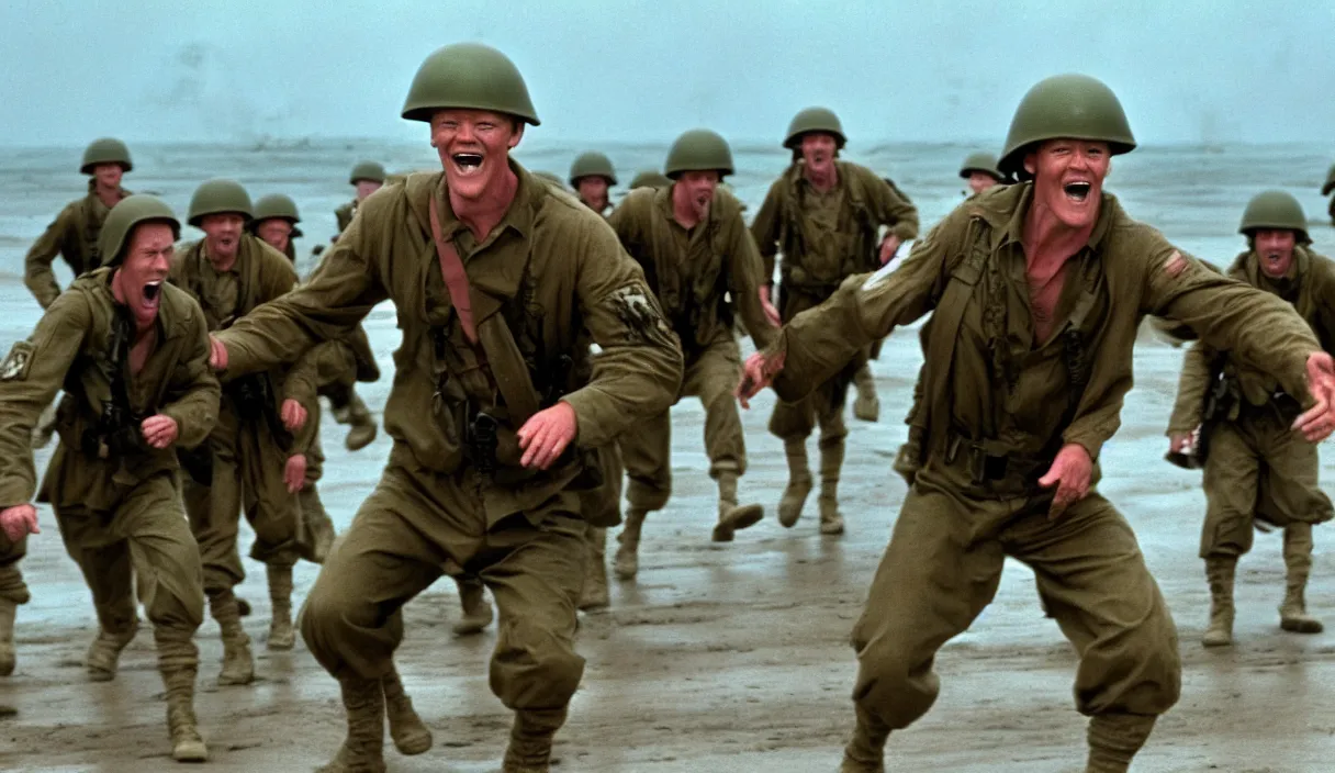 Image similar to Hollywood image of Matthew Lillard as shaggy from scooby doo, storming the beaches of Normandy, with soldiers by his side, saving private Ryan, 70mm film, HD, high detail, photorealistic, epic shot, Hollywood cinematic, Christopher Nolan