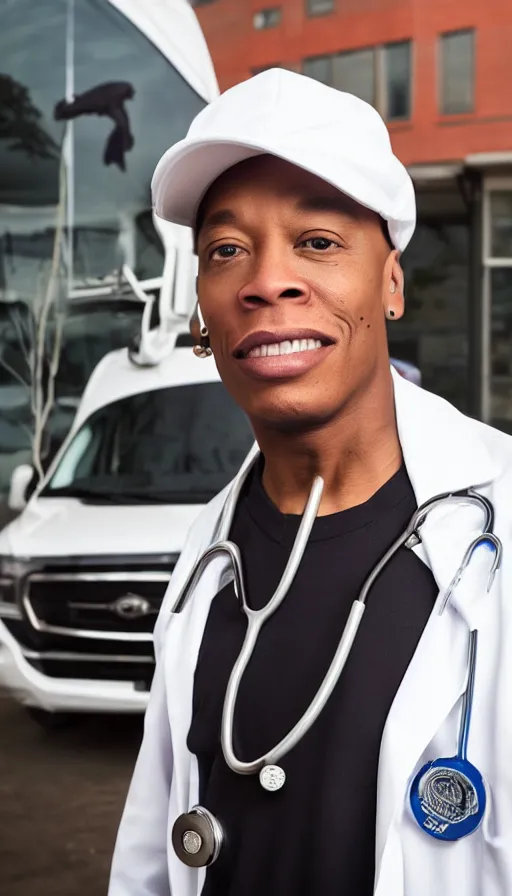 Image similar to dramatic award winning photo dr. dre wearing a stethoscope, lab coat, black baseball cap, in front of an ambulance outside of a hospital, low angle shot, cinematic lighting