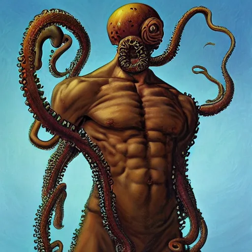 Prompt: torso portrait of a humanoid warrior with octopus head and tentacle arms, by Gerald Brom on Artstation