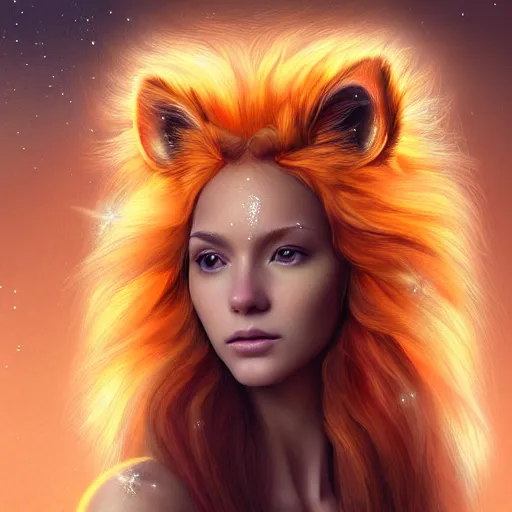 Image similar to Portrait of a girl angel with pale orange colored frizzy strands of illuminated hair, Lion essence, cat ears on her head, glowing halo, Lion's Mane, Cosmic, Lion's Gate, 8/8, fantasy, intricate, elegant, highly detailed, digital painting, artstation, concept art, smooth, sharp focus, illustration, art by Krenz Cushart and Artem Demura and alphonse mucha