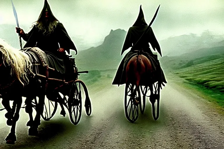 Image similar to gandalf riding into the shire on a horse drawn cart, style of h. r. giger, cinematic, movie still, cgi, directed by ridley scott