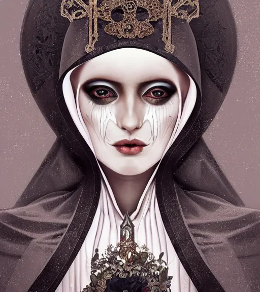 Image similar to beautiful female character inspired by venice carnival and nun | | digital artwork made by greg rutswork, anna dittmann and lois van barlee, symmetrical, anatomically correct