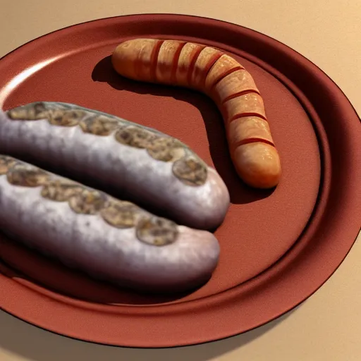 Image similar to cursed realistic 3 d unreal engine render of a half fish half sausage alone on a plate, fish fins on a sausage