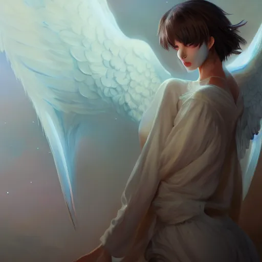 Image similar to an oil painting of a beautiful anime girl with angel wings, by artgerm, wlop and greg rutkowski, hd, hdr, ue 5, ue 6, unreal engine 5, cinematic 4 k wallpaper, 8 k, ultra detailed, high resolution, artstation, award winning