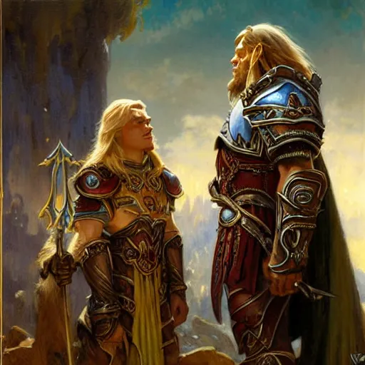 Image similar to attractive fully clothed arthas menethil confesses his love for his attractive fully clothed thrall son of durotan. highly detailed painting by gaston bussiere and j. c. leyendecker 8 k