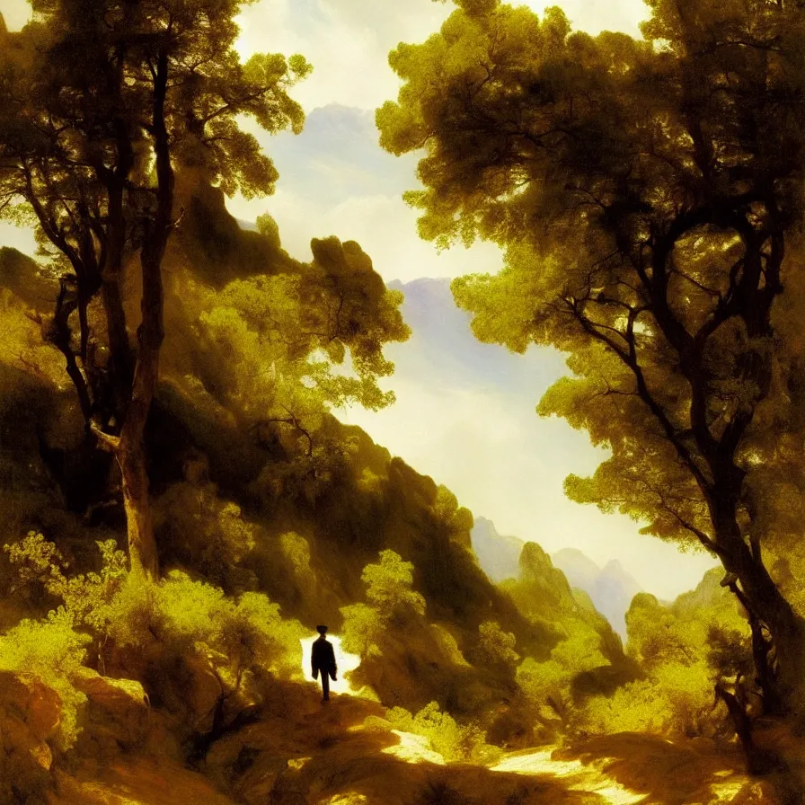 Image similar to artwork about a lonely man walking meandering countryside hills in the far distance, painted by thomas moran and albert bierstadt. monochrome color scheme.