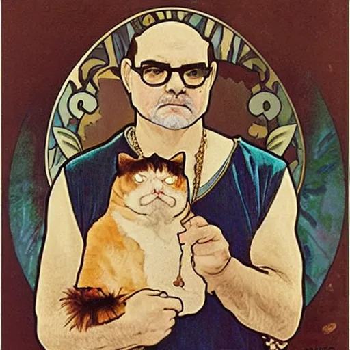 Prompt: “ george costanza holding grumpy cat, art nouveau, gold - leaf, very detailed, high quality, by alphonse mucha ”