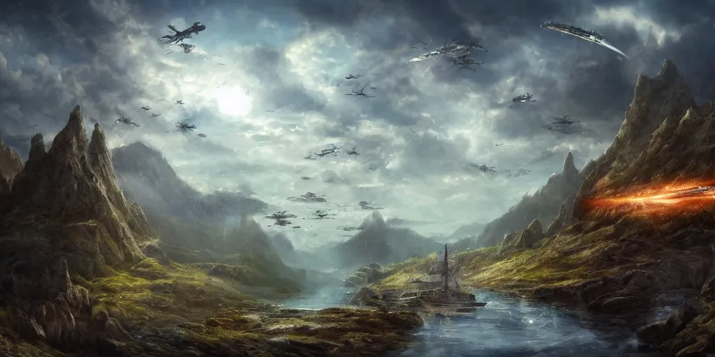 Image similar to digital fantasy medieval knight watching alien battlestar starship spaceship arriving, mountain painting high resolution devianart detailed dreamy, clouds, river, birds on sky, boat