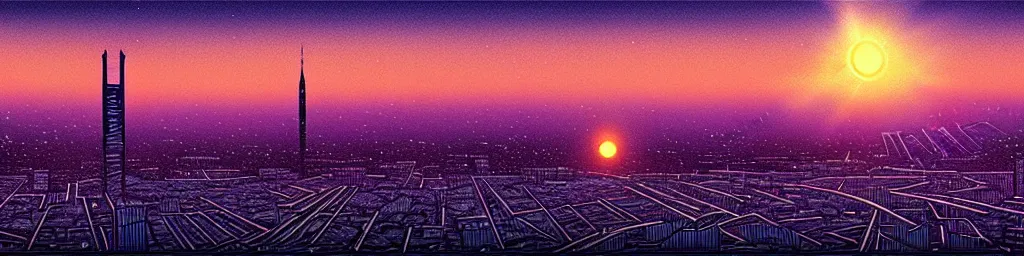 Image similar to A light blue star sinking behind a modern city skyline by Dan Mumford and Dean Ellis and John Atkinson Grimshaw and Anton Fadeev, sunset, purple sky, art nouveau