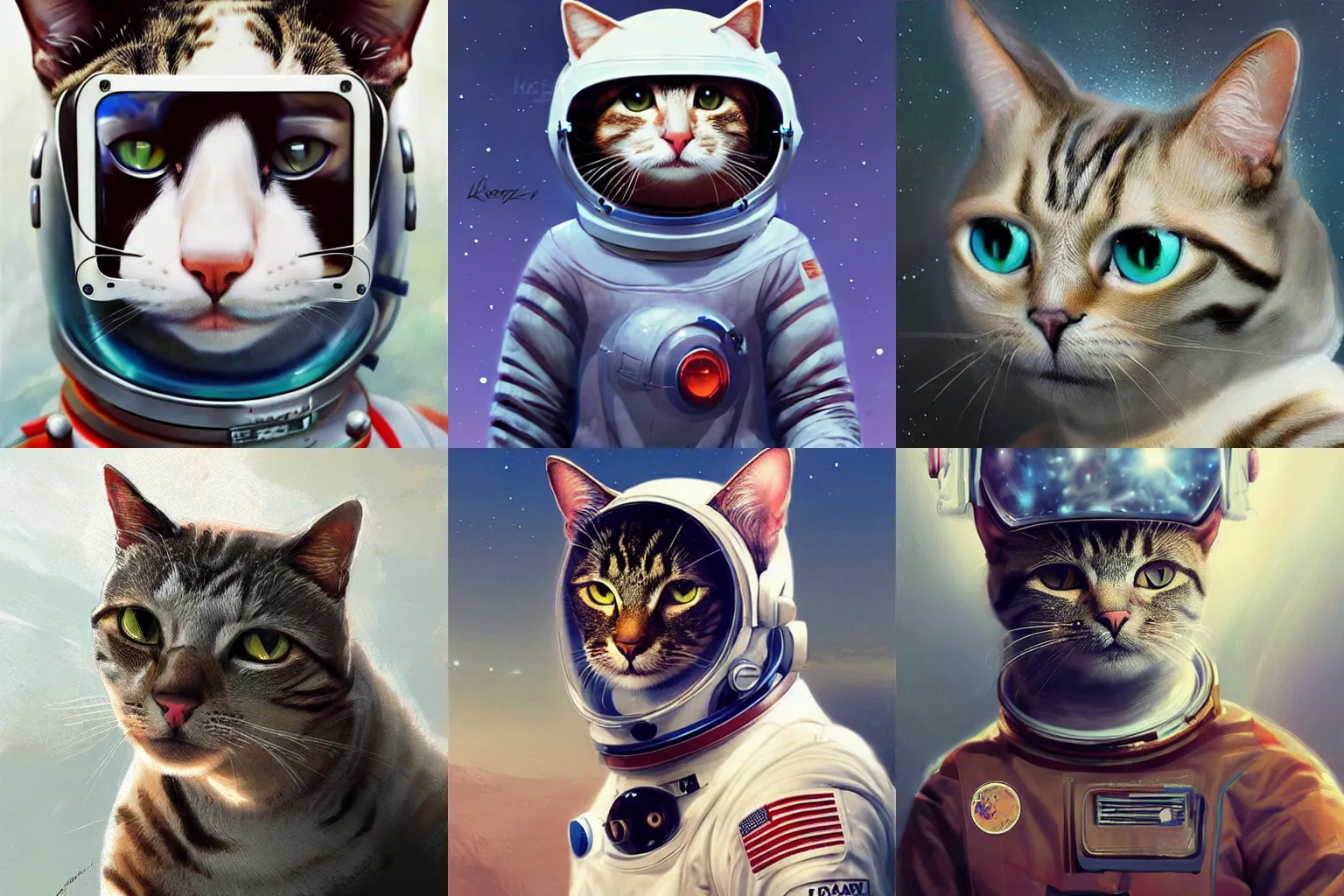 Image similar to head and shoulders masterpiece portrait of a cat wearing a spacesuit, surreal background, digital art by Krenz Cushart, trending on artstation, cgsociety,