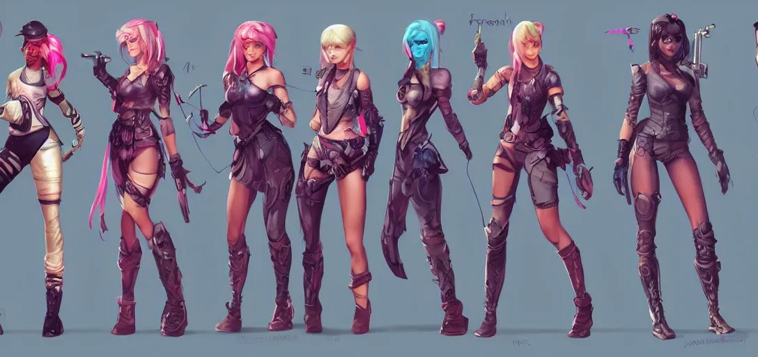 Prompt: character sheet concept art of female video game characters, renaissance, futurepunk, bright, parkour, rebel, by marc brunet and artgerm