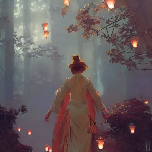 Image similar to Concept art, Sky lanterns by gingko trees, 8k, by james gurney, greg rutkowski, and john howe, background by alphonse mucha, artstation