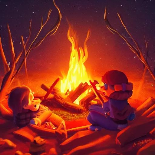 Prompt: full close up of campfire in the night with warm nuance, stylized, artgerm, artstation, hd, cgsociety, cgi, realistic, dramatic, cinematic, artistic, trending, detailed