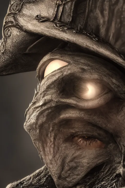 Image similar to highly detailed full body character art of a high fantasy cyclops sorceres eyes covered by a pointy mage hat, full body, highly detailed, photo realistic, dark fantasy atmosphere, foggy, 8 k, octane render, unreal engine