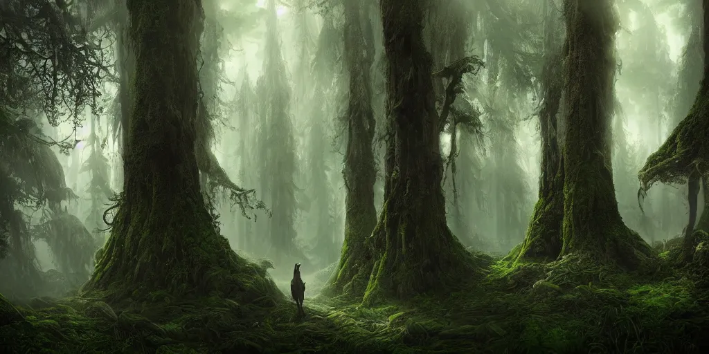 Prompt: beautiful majestic artstation cinematic matte painting of a knight in a dark magical forest with giant mossy trees