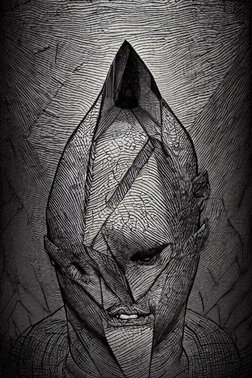 Image similar to portrait of triangular ferretfolk head and shoulders, in the style of Greg Broadmore and junji ito and Arthur Rackham and Moebius, trending on artstation, light lighting side view,digital art,surrealism ,macro,blueprint ,vaporwave ,