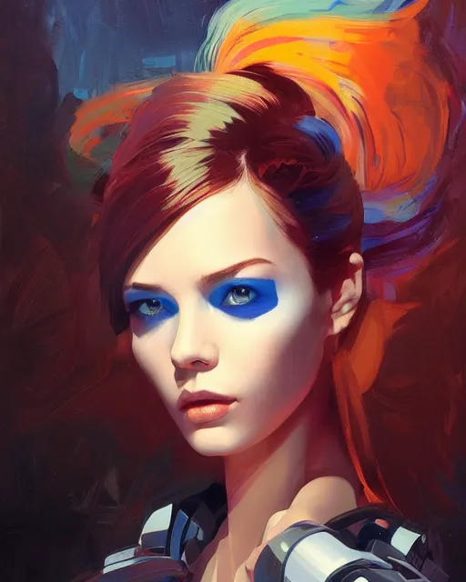 Image similar to dark portrait of a half - robot woman with cute - fine - face, pretty face, multicolored hair, realistic shaded perfect face, fine details by realistic shaded lighting poster by ilya kuvshinov katsuhiro otomo, magali villeneuve, artgerm, jeremy lipkin and michael garmash and rob rey