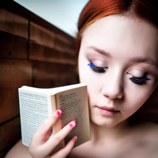 Image similar to a girl reading a book, modelsociety, radiant skin, huge anime eyes, RTX on, perfect face, intricate, Sony a7R IV, symmetric balance, polarizing filter, Photolab, Lightroom, 4K, Dolby Vision, Photography Award