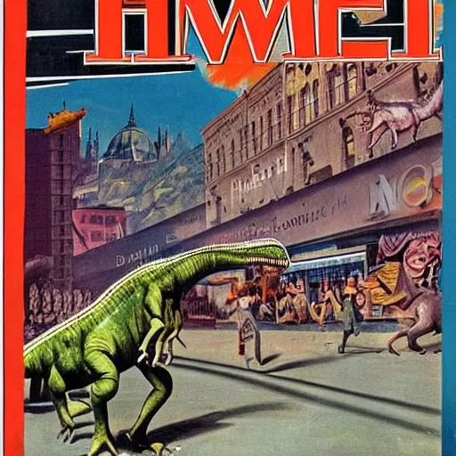 Image similar to dinosaur revolution on the streets of budapest 1 9 5 6, colored time magazine cover art, highly detailed illustration