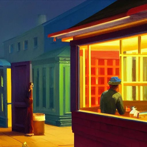 Image similar to a photorealistic digital rendering of a rain soaked shanty town at night by Edward Hopper and James Gilleard, oil painting