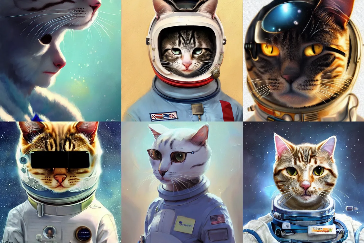 Prompt: head and shoulders portrait of a cat wearing a spacesuit, surreal background, digital art by Krenz Cushart, trending on artstation, cgsociety,