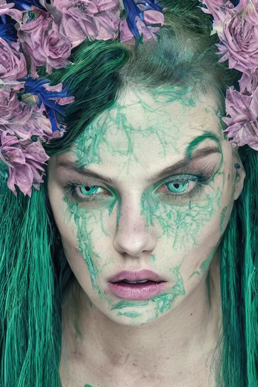 Image similar to portrait of a woman with cracked stripped skin. close up, dark blue-green hair, dark flower pattern wallpaper background, high detail, by Eddie Mendoza