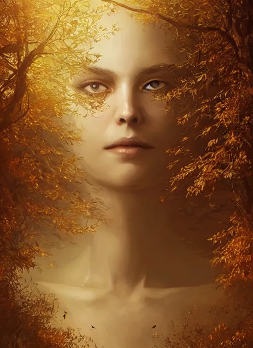 Image similar to golden forest at background, creative!!! composition for a book cover, absurdly beautiful, ultrafine hyperrealistic detailed old witch face by wlop and artgerm and greg rutkowski, intricate linework, sharp focus, smooth, octopath traveler, final fantasy, unreal engine, dramatic lighting, ethereal, 8 k