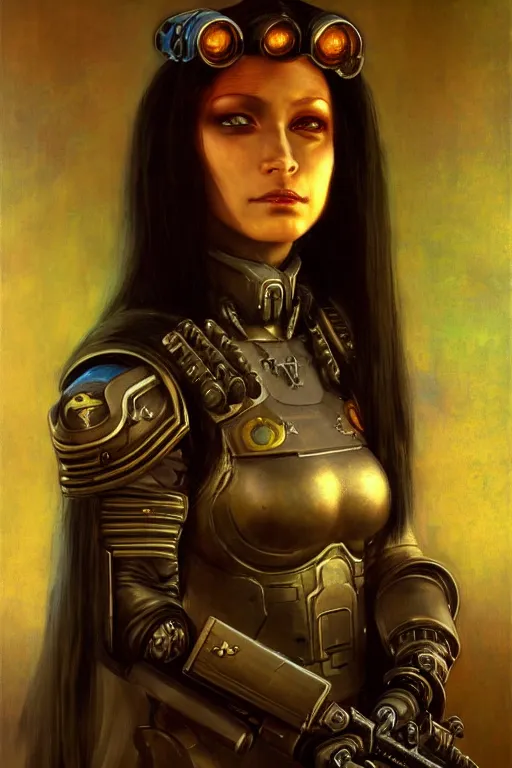 Image similar to character portrait cyberpunk starcraft terran warhammer 4 0 k space marine tech priest warrior princess ( ( ( ( ( ( ( ( totally definitely not negative no not mona lisa inspired ) ) ) ) ) ) ), character design, painting by gaston bussiere, katsuya terada, frank frazetta, tom of finland, trending on artstation