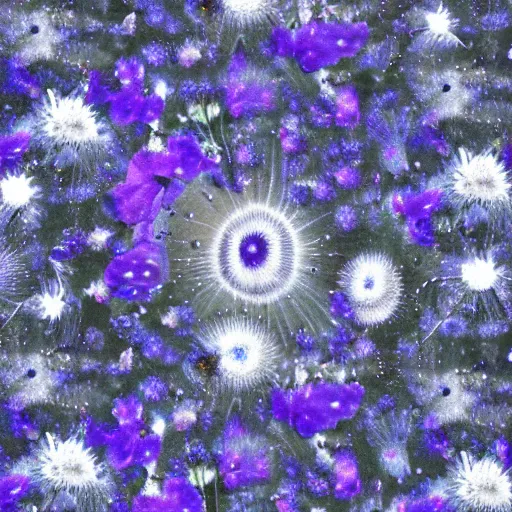 Image similar to detailed, intricate blue black and purple papaverum flower on the field, nebula, galaxy in the sky