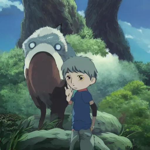 Image similar to young boy and ghibli creature , with Fragile looking character portrait face made by Studio Ghibli highly detailed art, beautiful scene, sharp focus, smooth,fantasy, 8k, anime art