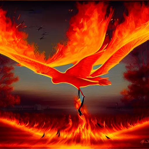 Image similar to in the lower part of the picture is the harp burning in the fire, above are cranes flying in flames, digital painting, concept art