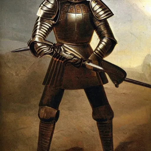 Prompt: a picture of a knight wielding a machine gun