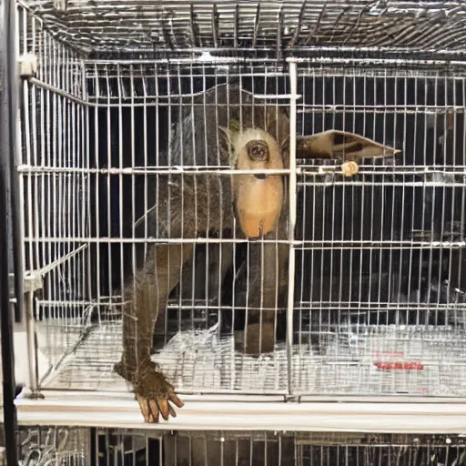 Image similar to nosferatu in a small cage at a pet store, for sale, surrounded by caged animals, detailed photograph