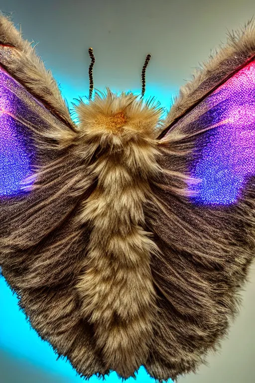 Image similar to high quality close-up photo sheer furry moth! jewelled gorgeous! highly detailed david ligare elson peter cinematic blue neon lighting high quality low angle hd 8k sharp shallow depth of field