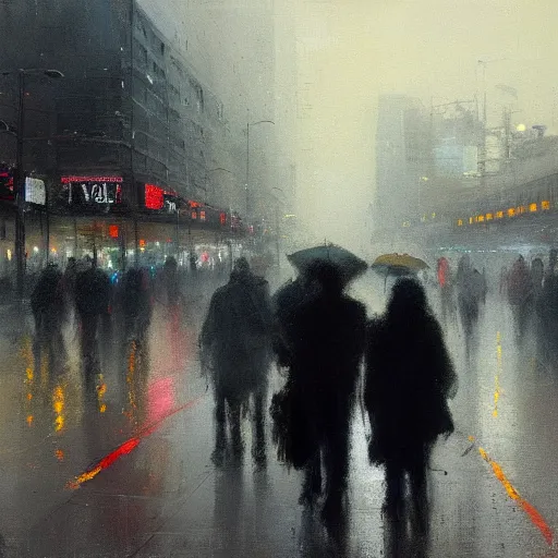 Image similar to dallas skyline, street scene, light rain and gentle fog, people crowding, painting by jeremy mann