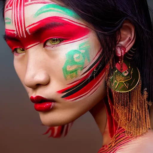 Image similar to portrait of a stunningly beautiful asian tribal female, red facepaint over the eyes in a wide stripe, depth of field, zeiss lens, detailed, symmetrical, centered, fashion photoshoot, by Annie Leibovitz and Steve McCurry, David Lazar, Jimmy Nelsson, Breathtaking, 8k resolution, extremely detailed, beautiful, establishing shot, artistic, hyperrealistic, beautiful face, octane render