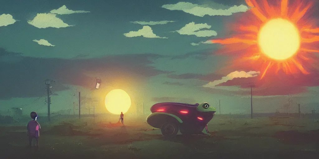 Image similar to Portrait using the Rule of Thirds, focusing on an alien frog invasion, the sun is exploding, Portrait, Very Cloudy Sky, Sun, Neon Lights, Rule of Thirds, perspective, Retrofuturism, Studio Ghibli, Simon Stålenhag