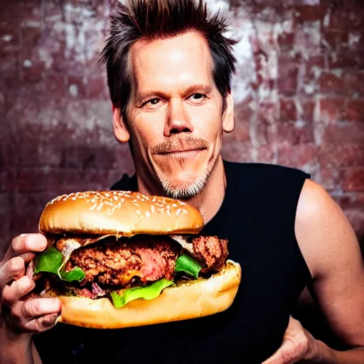 Image similar to kevin bacon portrait eating bacon burger soda fries, award winning food photography