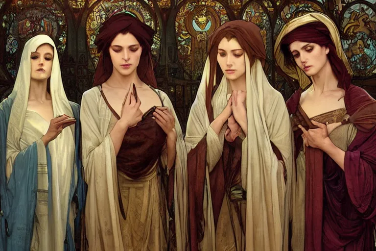 Image similar to the three marys mourning at the sepulchre, painting, art by artgerm and greg rutkowski and alphonse mucha