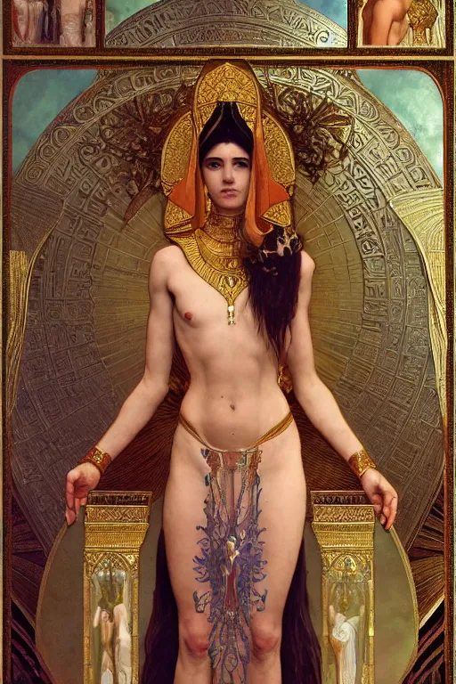 Prompt: a full body portrait of a beautiful ethereal delicate byzantine egyptian mage queen meditative sacral pose catholic stages of the cross, intricate, elegant, highly detailed, digital painting, artstation, concept art, smooth, sharp focus, illustration, art by krenz cushart and artem demura and alphonse mucha