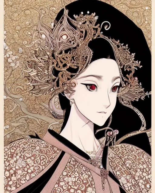 Image similar to portrait of a queen, elegant, beautiful, mesmerizing, concept art, fancy clothing, highly detailed, inspired by otoyomegatari manga, artstation, behance, deviantart, trending, ayami kojima, shinichi sakamoto, kaoru mori