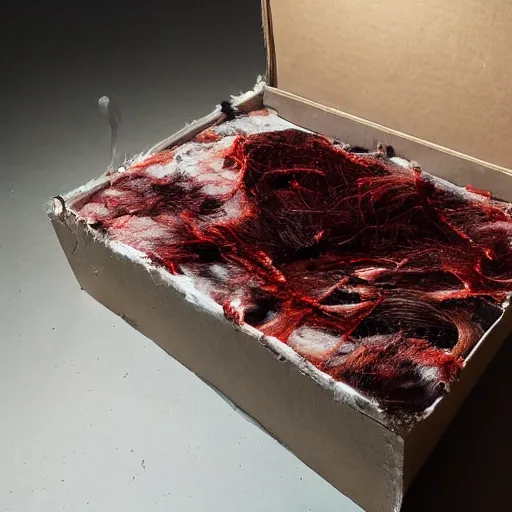 Image similar to a large box made out of flesh, skin, blood, clumps of hair, lights, led, computer, spinning fan,