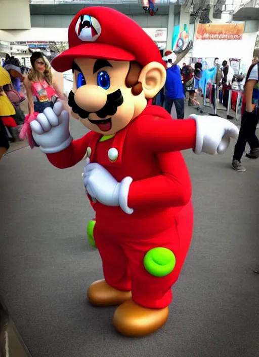 Prompt: bad super Mario cosplay photo, comic con